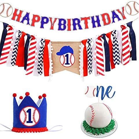 PRATYUS Baseball Party Decorations, First Birthday Party Supplies with Baseball Birthday Banner, Highchair Banner, Crown Hat, Cake Topper for Baby Kids Ball Party Event Favors Cover