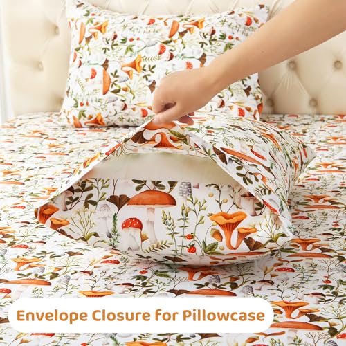 Image of Mooreeke Cozy Vintage Microfiber Printed Full Sheet Set - Soft & Breathable Percale Mushroom Forest Bed Sheets with Extra Deep Pocket - Non-Slip Fitted Design - Jungle Mushroom Leaves Pattern - Full