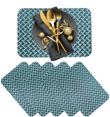 Image of Dining Table Placemats Set of 6 | Table Mats with Anti-Slip Silicone Dots Bottom | Heat Resistant Foldable Place Mats for Dining Table and Kitchen | 45 x 30 cm (Green, UrbanWeave)