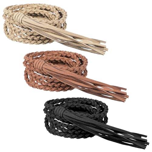3Pcs Women's Braided Knotted Waist Belt Tassels Chain Belt Boho Rope Chain Skinny Tie Waistband for Skirt Dress