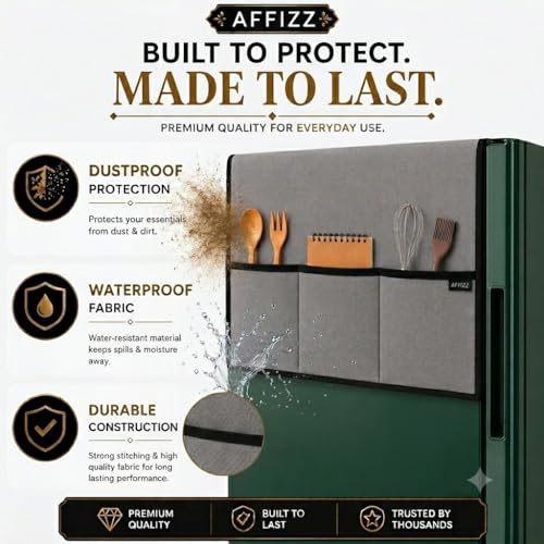 Image of Refrigerator Single Door Waterproof & Dustproof Protective Top Cover with 6 Storage Pockets - Washable Polyester Fridge Cover for Kitchen Organization (130 x 54 cm, Grey)