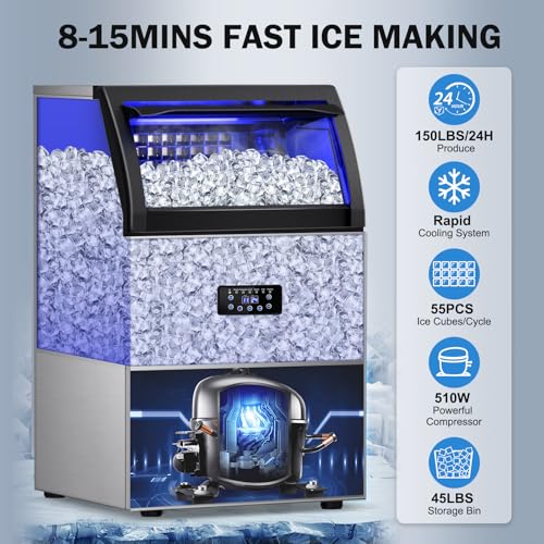 Image of Ice Maker Machine Commercial, 150Lbs /24H with 45Lbs Large Ice Capacity, 55Pcs Clear Ice Cubes Ready in 8-15Mins, Freestanding Large Ice Machine for Restaurant Bar Home Office