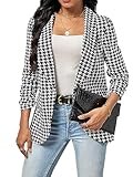 WDIRARA Women's Houndstooth Print Shawl Collar Single Button Open Front Three Quarter Length Sleeve Blazer Black and White XL