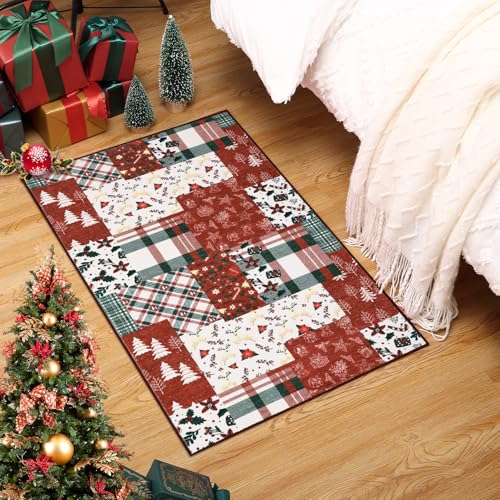 Christmas Area Rug 2x3 Washable Entryway Door Mat Non Slip Patchwork Throw Mat Xmas Tree Bathroom Area Rugs Stain Resistant Soft Holiday Decor Checkered Rugs for Living Room Bedroom Kitchen, Red