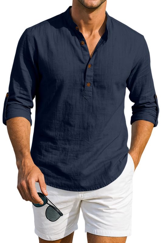 Image of Macsivo Men's Cotton Blend Solid Short Kurta with Mandarin Collared Full Sleeve Drawstring Stylish Straight Length | Kurta for Men Stylish