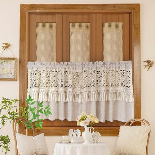Boho Crochet Lace Linen Sheer Valances for Window Kitchen Oven Apron Cafe