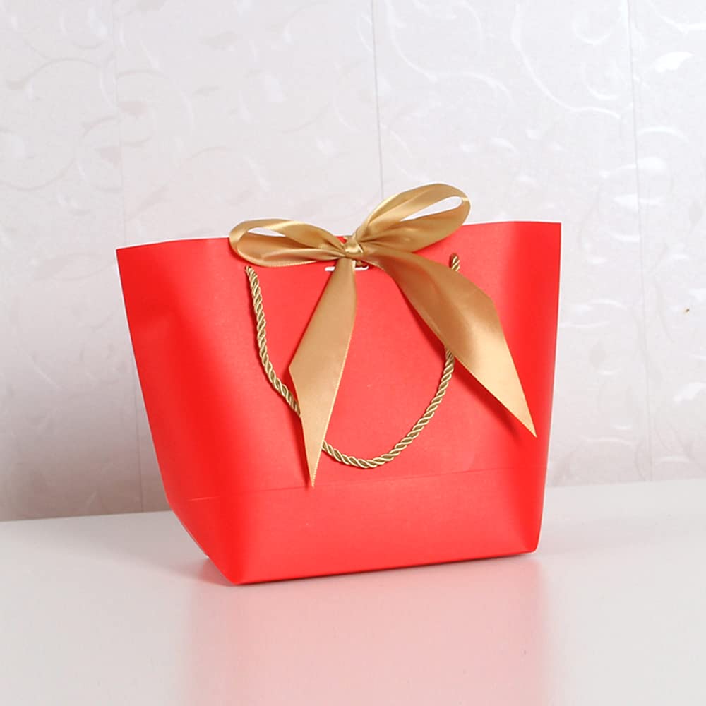 Duories 10 sztuk torebek papierowych, torebek na prezenty z wstążkami, 42 x 27 x 30 x 12 cm, torebki na prezenty z uchwytami do pakowania prezentów na urodziny, wesele, imprezę, Boże Narodzenie, dożynki, czerwone