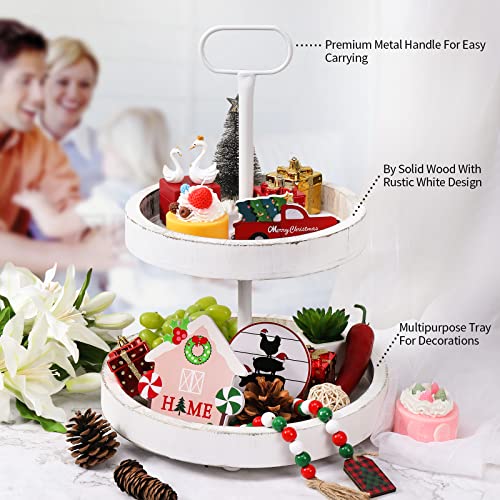 Goartgif Farmhouse Wooden Two Tiered Tray,White 2 Tiered Tray For Kitchen,Rustic White Two Serving Tray,Distressed 2 Tier Tray,Two Tiered Tray Stand For Home Party Seasonal Decorations #TOP4