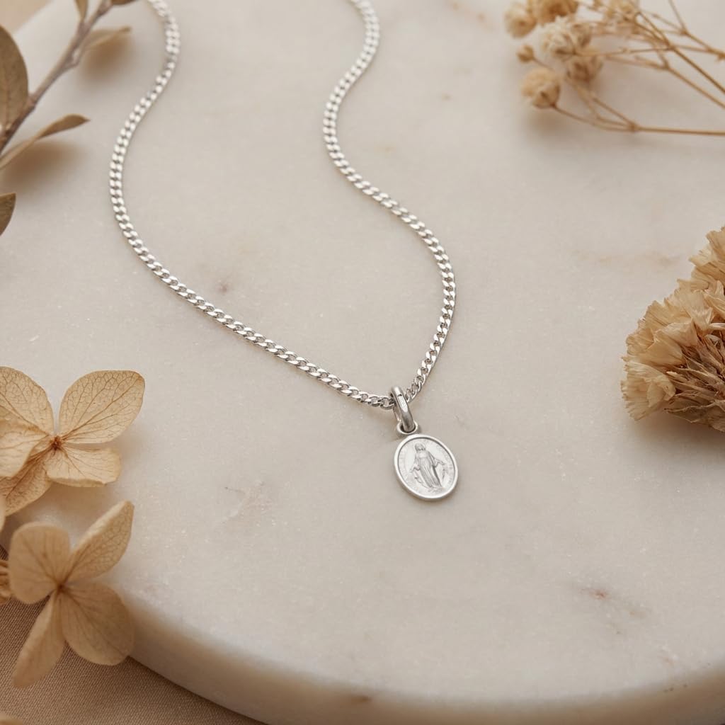 Alexander Castle Small 925 Sterling Silver Miraculous Medal Catholic Necklace - 12mm x 9mm Miraculous Medal with 16" Silver Chain & Jewelry Gift Box