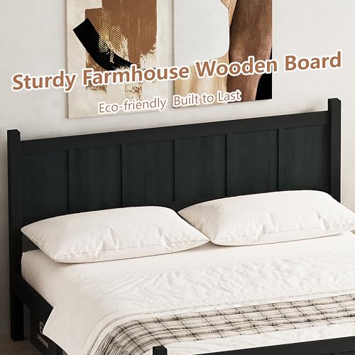 Image of Queen Size Vintage Bed Frame with Headboard, Farmhouse Wooden Platform Bed with Under-Bed Storage, Minimalist Modern Wood Grain Finish Bedframe for Bedroom (Black)
