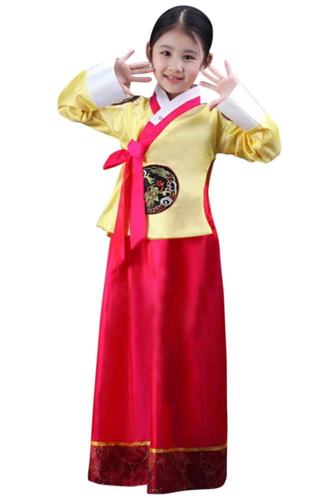 CRB Fashion Girls Traditional Kids Korean Hanbok Outfit Dress Costume (150cm, Yellow Red)