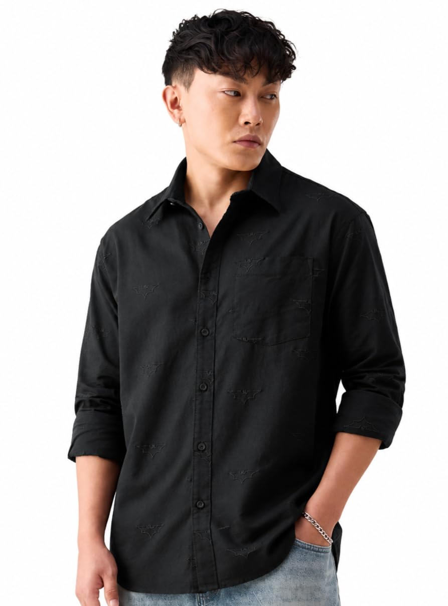the souled store Cotton Linen: Batman Logo Men and Boys Long Sleeves Spread Collar Black Embroidered Regular Fit Lightweight Breathable Everyday Casual Cotton Linen Shirt-picture-15
