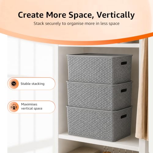 Image of Amazon Basics Set of 3 Plastic Storage Baskets with Lid - Stackable Organiser for Wardrobe, Kitchen, Clothes, Toys, Books, Office Multipurpose Shelf Basket (Large, 36x30x22 cm) | Grey, Rectangular