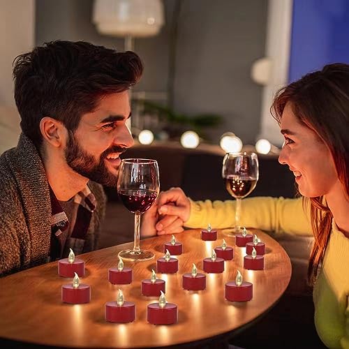Paichi Flameless Tea Lights Candles 24 Pack LED Battery Operated Electric Votive Fake Candles Realistic Flickering and 200+ Hours Long Lasting Bright for Celebrations Festivals (Red)