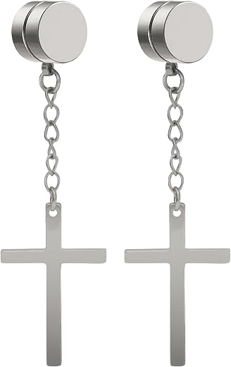NEWITIN 1 Pair Magnetic Earrings for Men, Stainless Steel Magnetic Earrings, Non Piercing Clip, Cross Earrings for Men Wom...
