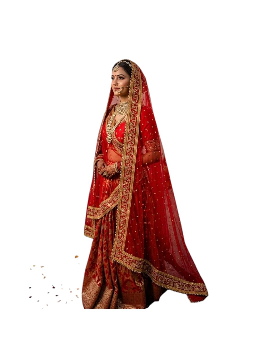 Women's Red Georgette Bridal Shagun Dupatta, Heavy Gold Zari Embroidery, Traditional Indian Wedding Chunri, Embellished Border-picture-18