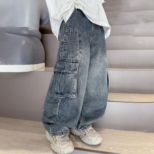 Boy's Baggy Jeans Elastic Waist Pull On Denim Pants Classic Straight Wide Leg Jeans with Pockets for Kids 4-14 Years2