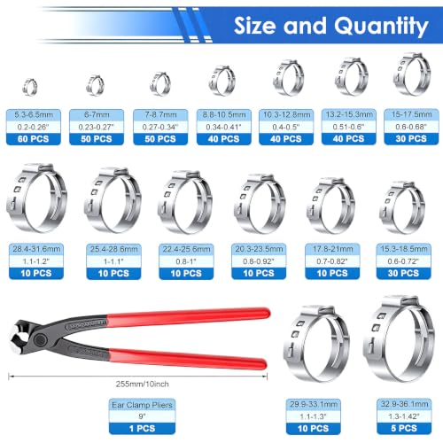 Image of 405Pcs 15-Sizes 304 Stainless Steel Single Ear Hose Clamps with Ear clamp plier 5.3-36.1mm Crimp Hose Clamps Assortment Kit for Auto /Home Appliance /Pipe /Fuel Line
