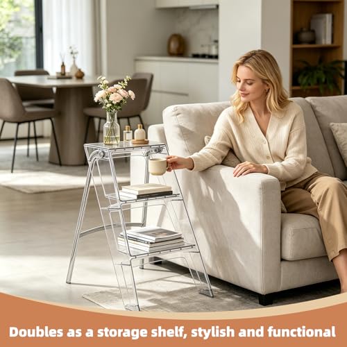 Image of Acrylic 3 Step Ladder Folding Step Stool, Anti-Slip Steps Design, 350lbs Heavy Duty Load Bearing, Stable Support Frame, Portable Safety Acrylic Ladder (Transparent)
