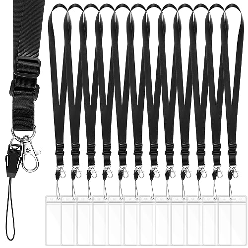 Fulmoon Umhängebänder mit Ausweishalter, verstellbares Kreuzfahrt-Schlüsselband mit wasserdichtem Ausweis, für Ausweis, Namensschild, Karneval, Segel, Schlüssel, Handys und USB, Schwarz, 12 Stück