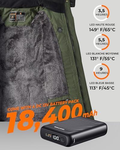 GOTOBI Veste chauffante pour homme avec batterie intégrée 12V 18400mAh, Veste chauffante avec 8 zones de chauffage et 3 niveaux de température, Parka d'hiver pour homme coupe-vent, Veste en polaire – vue 4