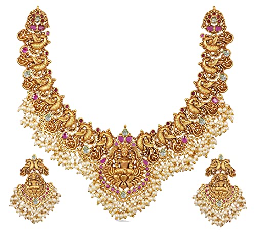 Tarinika Indian Traditional Antique Gold Plated Lakshmi Idol Necklace set with Earrings for women and Girl - White Red