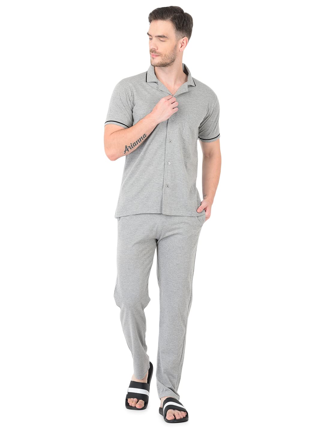 Men's- Solid Night Suit/Top & Pyjama/Loungewear/Nightdress/Nightwear Knitted Pure Cotton Fabric- Piping and Pockets-Front Open