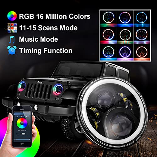 Suparee 7” Round Led Headlights Rgb Halo Angel Eyes With Amber Turn Signal Light 7 Inch Control For 1997-2017 Wrangler Jk Lj Tj Cj Sahara Sport Rubicon H1 H2 #TOP2