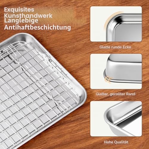 Fire More Backblech mit Abkühlgitter, Edelstahl Backrahmen Rechteckig, 31,5 x 24,5 x 2,5cm, Kuchenplatte mit deckel, Spülmaschinenfest, für Backen Braten Servieren