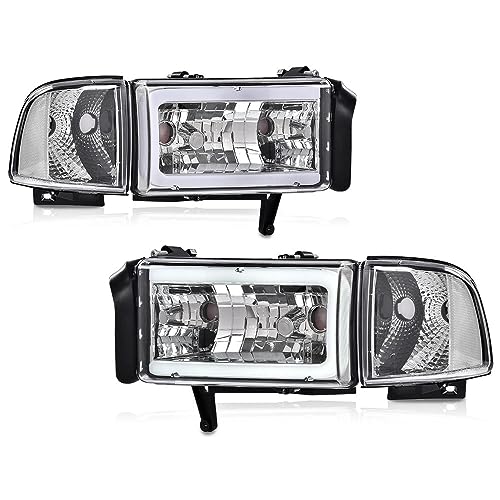 PIT66 Headlight w/LED Light Strip w/o Bulbs Compatible with Dodge Ram 1500 1994-2001/2500 3500 1994-2002 (Not Fit Sport & Ram Van Model) Headlamps Cle