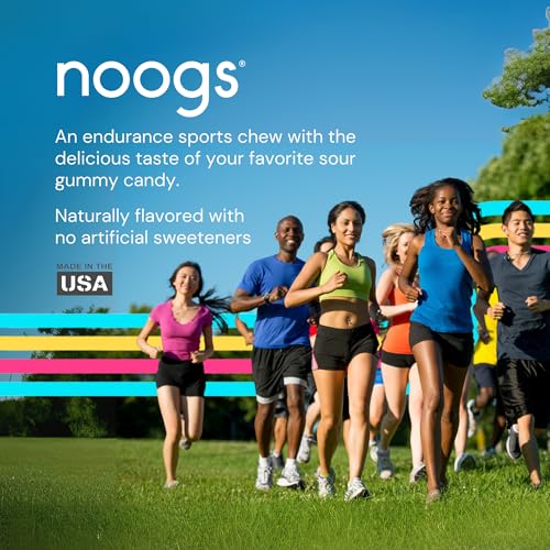 Image of Noogs Sour Energy Chews, Blue Raspberry Blast Electrolyte Energy Gummies, Sour Candy Flavored Alternative to Running Gels, Vegan, Gluten Free & Caffeine Free, 12 Pack