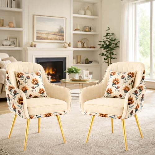 Image of Velvet Accent Chair | Luxury Upholstered Armchair with Sturdy Metal Legs | Modern Comfortable Chair for Living Room, Bedroom, Office, or Cafe (Golden Legs, White Floral)