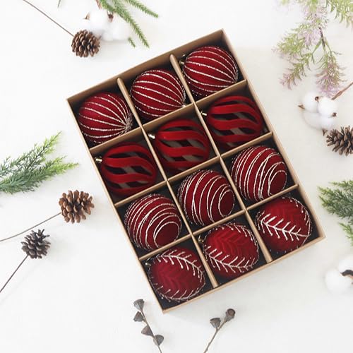 Image of 3.15INCH Burgundy Velvet Ornaments for Christmas Tree, 12PCS Glitter Flocked Christmas Ornaments Decorations Balls Set Decor