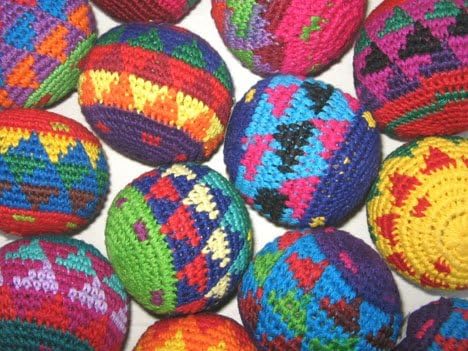 Funny Guy Mugs Hacky Sacks, Multicolored Crochet Assorted Geometric Pattern Hacky Ball, Foot Bag Kick Sack, Indoor and Outdoor Toys for Kids and Adults, Set of 6