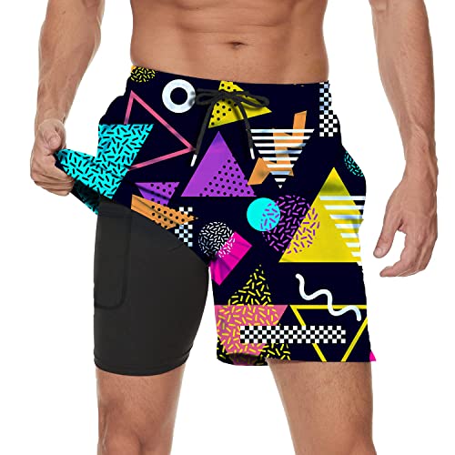 Mens Beach Shorts Quick Dry Swim Trunks with Compression Liner Sports Shorts and Zipper Pocket,80s 90s Swim Shorts