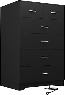 FJTJBSI 6-Drawer Wooden Dresser with Charging Station, 2 Outlets & USB Ports, Black Tall Storage Chest for Bedroom