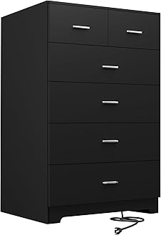 FJTJBSI Dresser with Power Outlets Wooden 6 Drawer Dresser with Large Organizer Black Tall Storage Organizer with Smooth Metal Rail Modern Chest of Drawers Closet for Bedroom Hallway