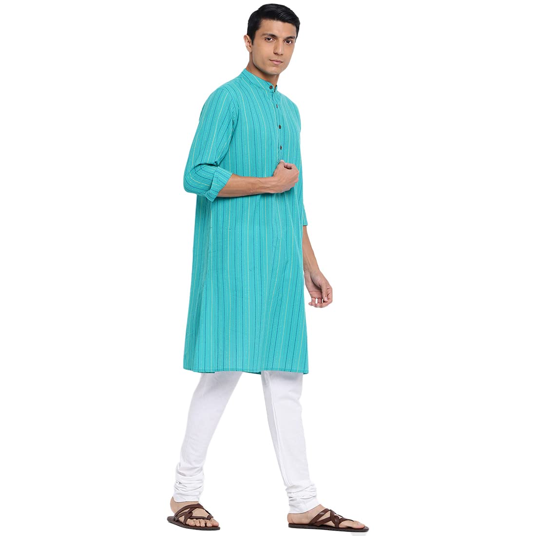 Fabindia Men Cotton Dobby Printed Long Kurta Teal_Xs