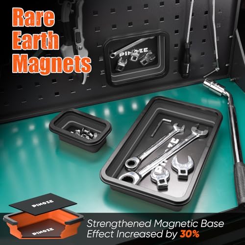 Image of PINOZE Collapsible Magnetic Parts Organizer Trays & 12 inch Flexible Magnetic Pickup Tool, 3 Different Size Magnet Tool Trays & Pick-Up Sweeper for Screw, Bolts, Nuts, Washers, Pins and Metal Parts, Black