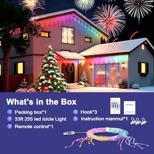 AHAWILL Icicle Lights for Outside,33ft Christmas Lights Outdoor with Dimmable 255LED,IP65 Waterproof,USB Plug in Curtain String Lights with DIY Scene Modes for Party,Roof,Halloween Decor(Multicolor) - image 8