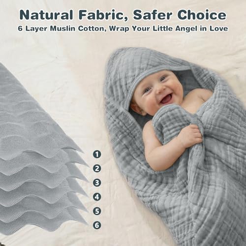 Image of Hooded Baby Bath Towels for Newborn, 2 Pack - 6-Layer 100% Muslin Cotton, Soft Absorbent Baby Towels with Hood for Babies, Infants & Toddlers, Large 32x32 Inch Unisex Newborn Baby Bath Essentials