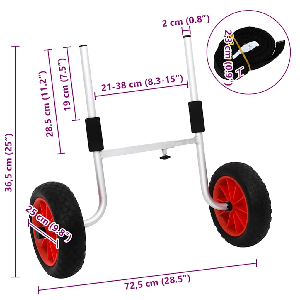 Aluminiowy wózek kajakowy, obciążenie 90 kg, z regulowaną szerokością, koła absorbujące wstrząsy, wyściółka ochronna zapewnia bezpieczny transport, nadaje się do kajaka, kanu, pontonu, wody