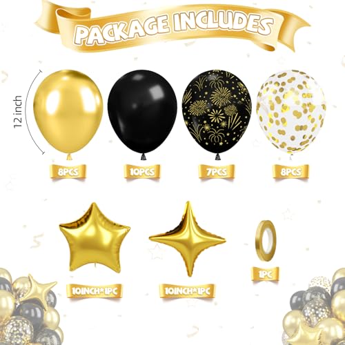 Image of Black and Gold Balloons, Black Gold Fireworks Printed Balloons, Confetti Balloon 4 And 5 point Star Foil Balloon For New Year Graduation Birthday Baby Shower Party Wedding Celebration Retirement Decor