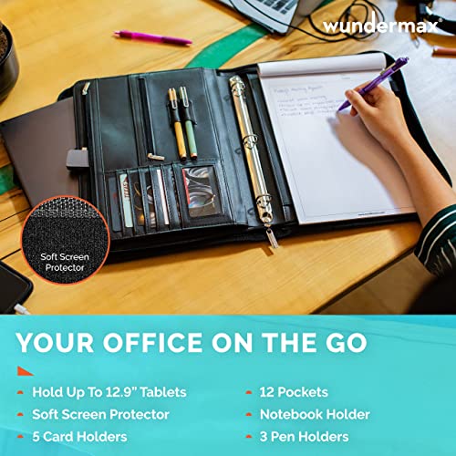 Wundermax Padfolio Portfolio Binder – 3-Ring, Vegan Leather Business Organizer – Zippered Binders for Men & Women – Black - Thumbnail 2
