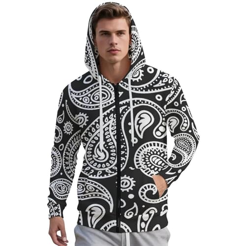 Black White Bandana Paisley Men's Hoodie Full-zip Hooded Sweatshirt Zip-up Pockets Jackets2