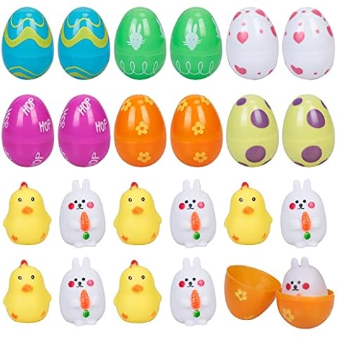 MONCAP 24pcs Colorful Empty Easter Eggs Easter Egg Filled with Rubber Bunny Chick Toy for Spring Easter Basket Fillers Egg Hunt Party Gift Classroom Prize (12pcs egg & 12pcs Toy) Cover
