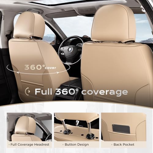 Image of Coverado Car Seat Cover, Cover for Cars Full Seat, Premium Leather, Universal Fit Waterproof Seat Protectors, Car Seat Cushion Non-Slip for Most Cars-Beige