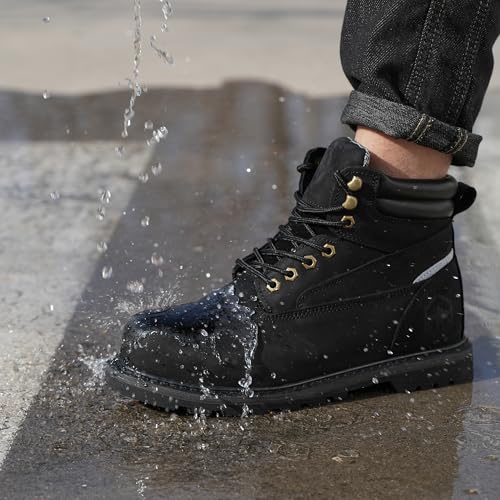 Image of Steel Toe Work Boots for Men 6 Inch Waterproof Non Slip Rubber Comfort Leather Safety Durable Industrial Construction Boots