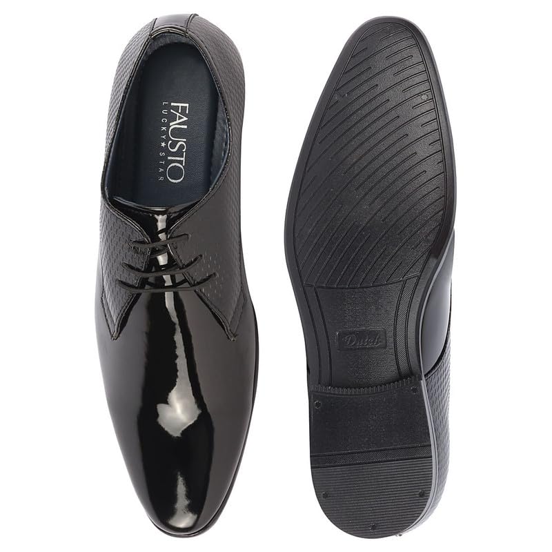 Image of FAUSTO Men's Patent Leather Shine Textured Pointed Toe Party Wedding Lace Up Derby Shoes