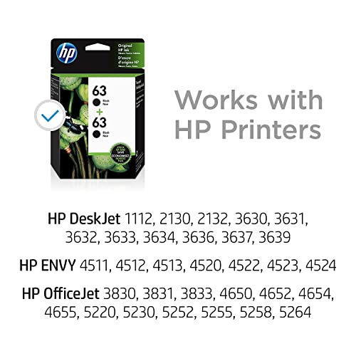 Image of HP 63 | 2 Ink Cartridges | Black | Works DeskJet 1112, 2100 Series, 3600 Series, Envy 4500 Series, OfficeJet 3800 Series, 4600 Series, 5200 Series | F6U62AN